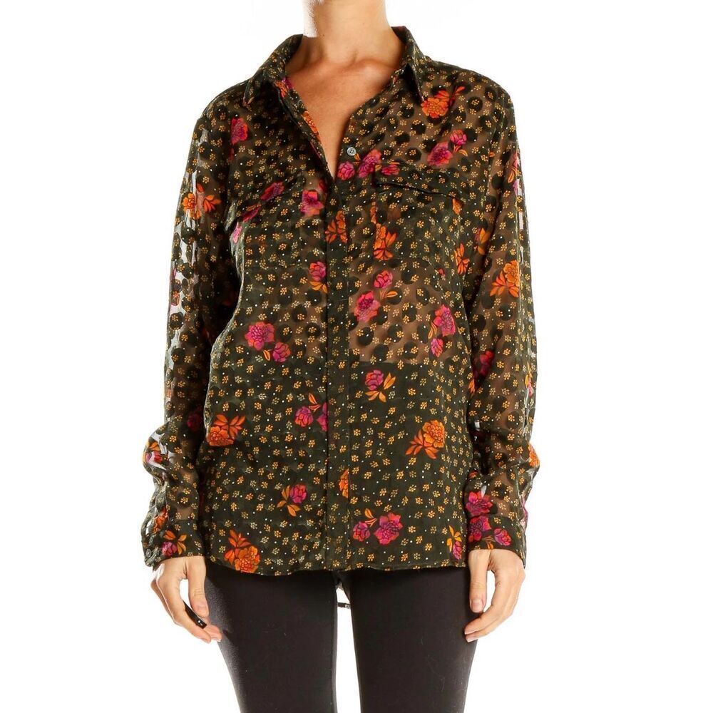 Loft Womens Floral Chiffon Long Sleeve Tunic Blouse Black Yellow Size XXS Petite